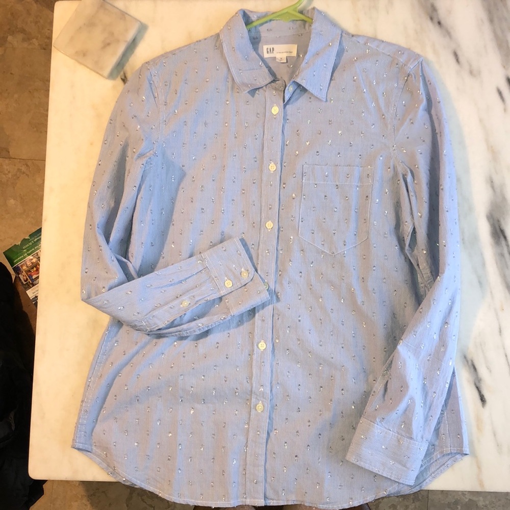 Gap blue dress shirt with metallic dots